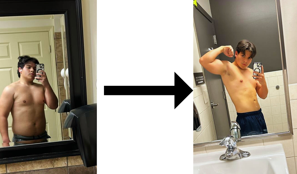 Before and after transformation photo showing Calvin's fat-loss progress