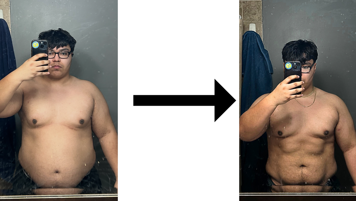 Before and after client transformation showing fat loss and muscle definition