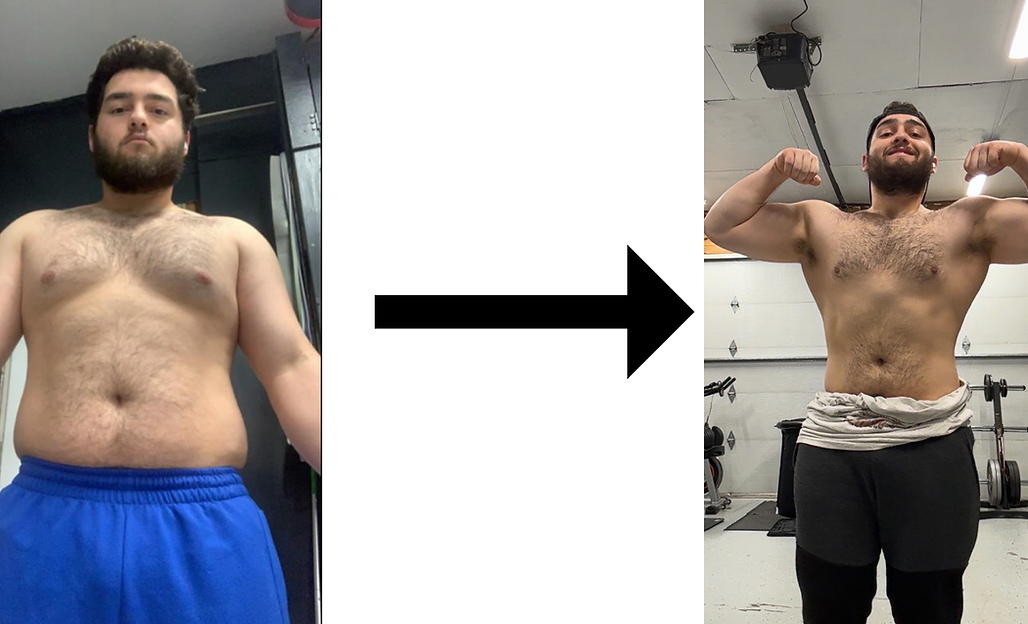 Before and after transformation photo showing Izia's fat-loss progress
