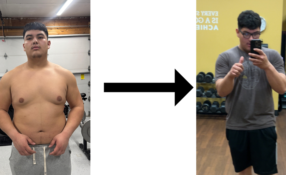 Before and after transformation photo showing Jeremy's body recomposition progress