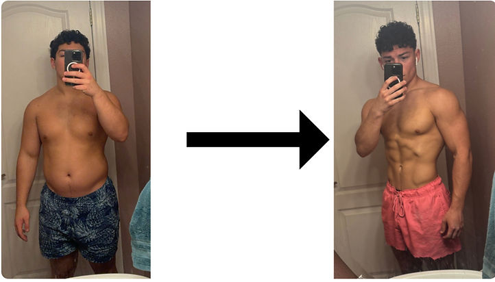 Before and after transformation photo showing Marty's body recomposition progress