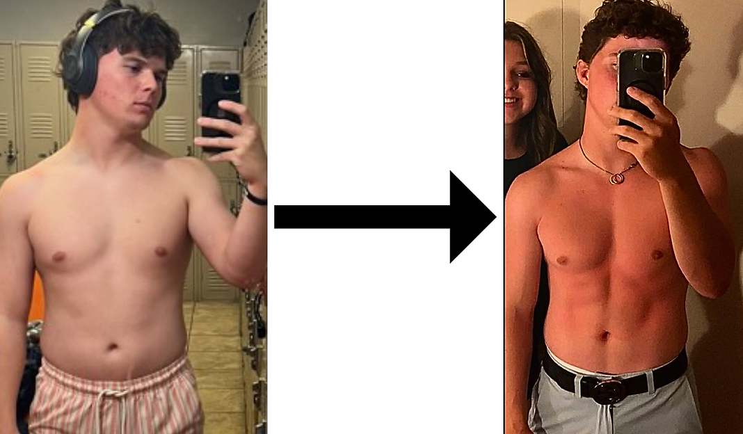 Before and after client transformation showing 20 lbs lost